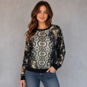 Cabi Woman Med Blouse Sheer Chiffon Python Print Ribbed Bottom